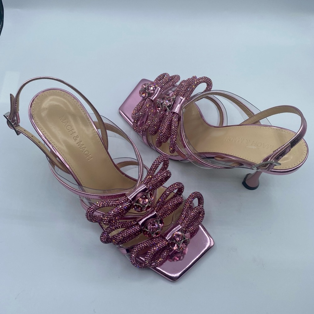 Mach & Mach Crystal Triple Bow Square Toe Slingback Sandals